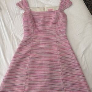 Lilly Pulitzer Dress Sz 4 Pink Purple Gold Thread Knit Cap Sleeve Knee Length